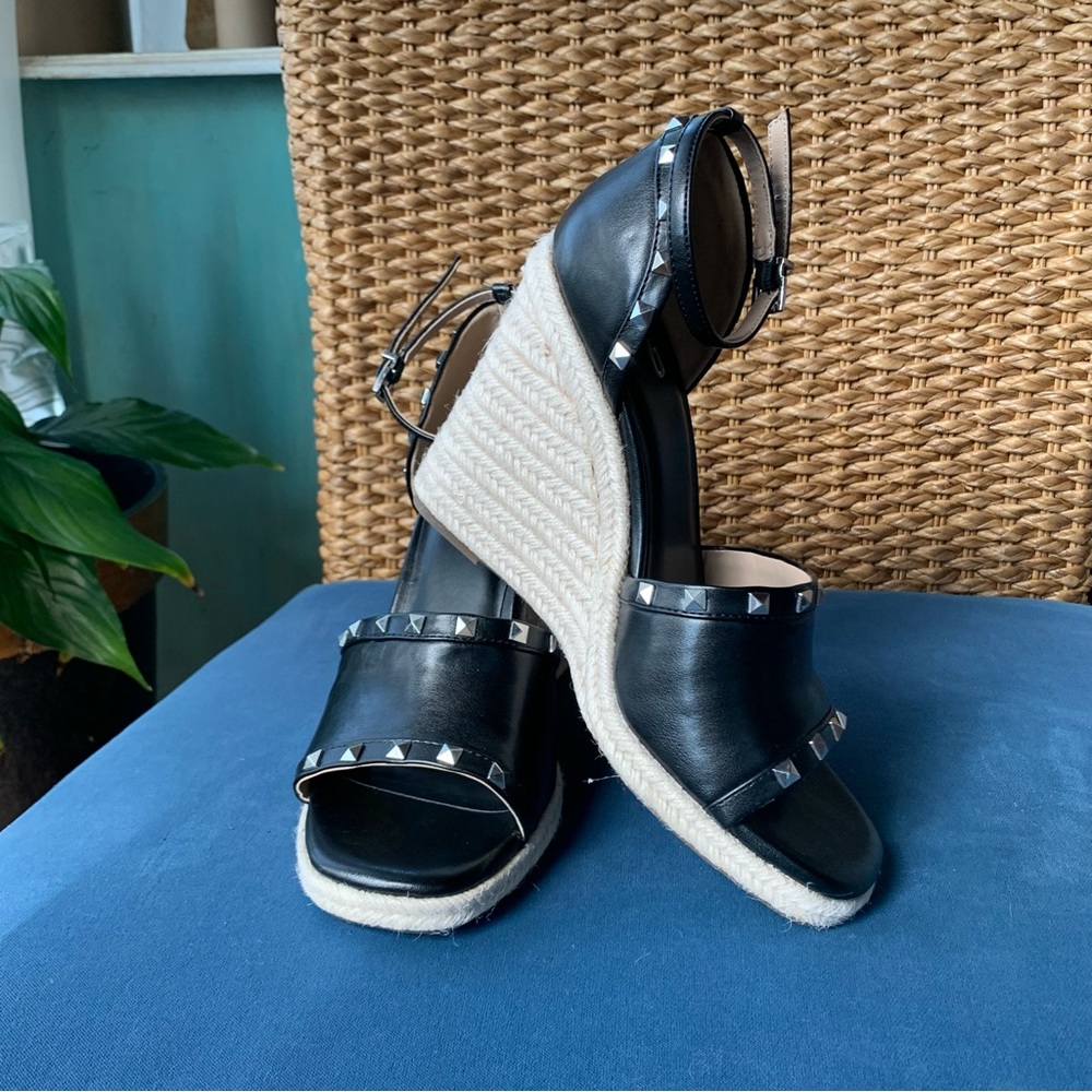 Mix No 6 Platform Wedge Black Leather Studed Sandals sz 8.5 - New Without Tags